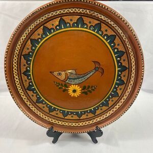 Mexican Tlaquepaque Redware Clay Folk Art Plate Fish Floral Hand Painted Pottery